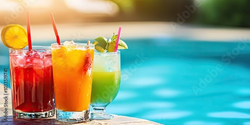 Close-up of colorful cocktails and mocktails by the swimming pool with a blurred background.