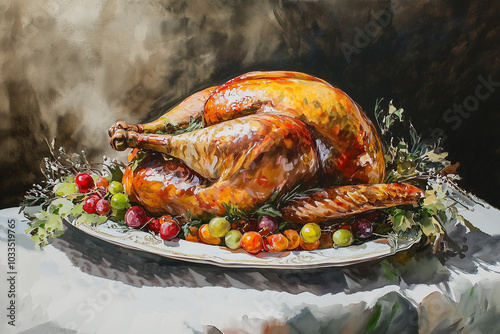 Turkey Painting, Thanksgiving Table Feast, Roast Turkey, Wine, and Harvest Fruits in Oil Painting Style