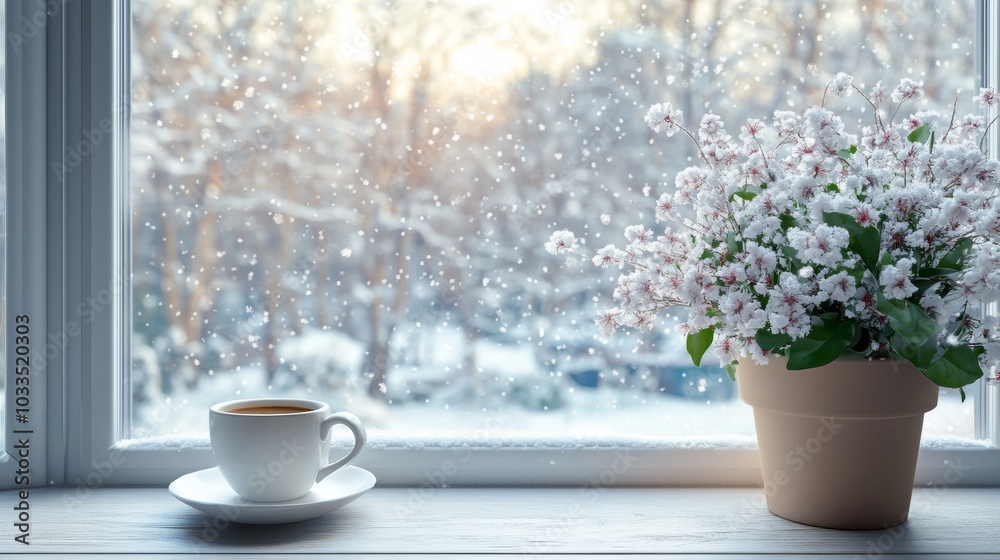 A tranquil winter scene with a warm cup of coffee beside a blooming flower pot, viewed through a snowy window A tranquil winter scene with a warm cup of coffee beside a blooming flower pot, viewed through a snowy window