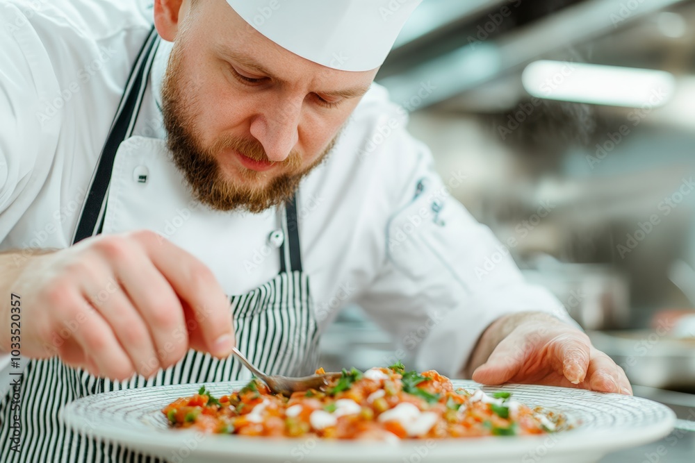 A chef in a professional kitchen focuses on plating a gourmet dish with precision and detail. A chef in a professional kitchen focuses on plating a gourmet dish with precision and detail.