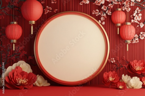 Red Lanterns and Flowers for Celebratory Background