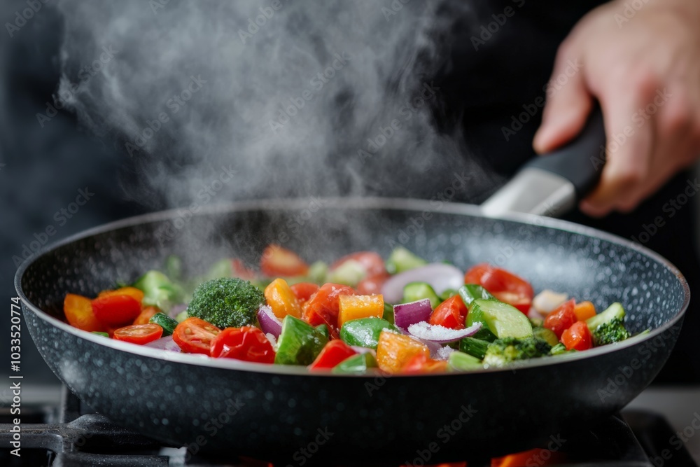 Fresh vegetables like tomatoes, broccoli, and bell peppers steam in a pan during the cooking process. Fresh vegetables like tomatoes, broccoli, and bell peppers steam in a pan during the cooking process.