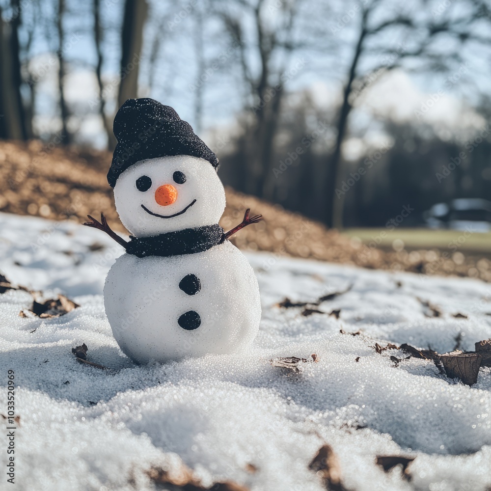 A cheerful snowman stands in a snowy landscape surrounded by fallen leaves. A cheerful snowman stands in a snowy landscape surrounded by fallen leaves.