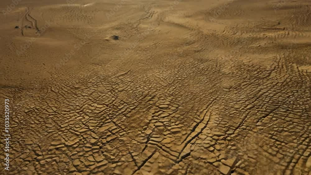 Drought impacts visible in cracked earth as water levels drop in an arid desert landscape during the summer months