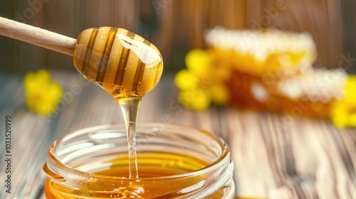 Close-Up of Honey Dripping from a Wooden Spoon