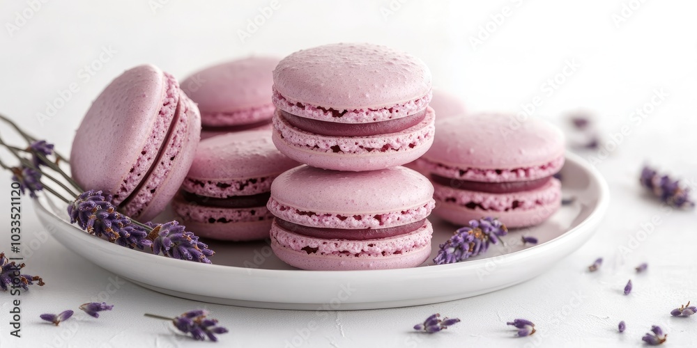Obraz premium Macarons on a white plate with lavender set against a white background. Arranged vertically.