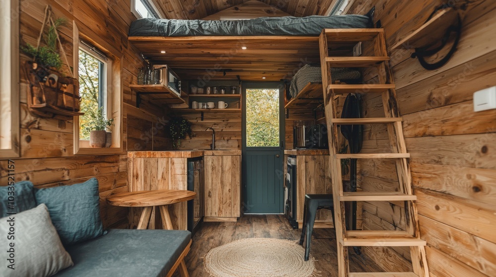 Rustic tiny house interior with natural materials and compact spaces Rustic tiny house interior with natural materials and compact spaces