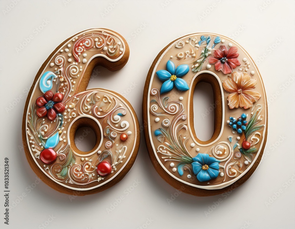 Decorated cookie, number 60, illustration for birthday or anniversary celebration Decorated cookie, number 60, illustration for birthday or anniversary celebration