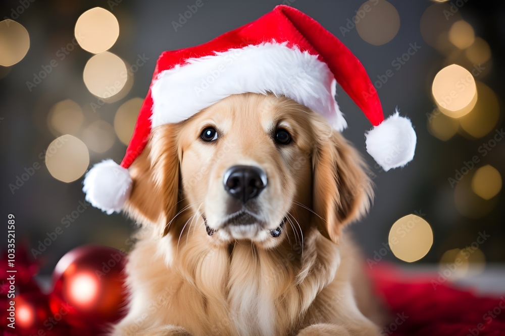 golden retriever in santa claus hat