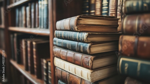 Old leather-bound books stacked on wooden shelf, vintage library atmosphere photo