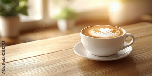 Hot cappuccino in a white cup placed on a wooden table with copyspace. The latte art on a coffee background. photo