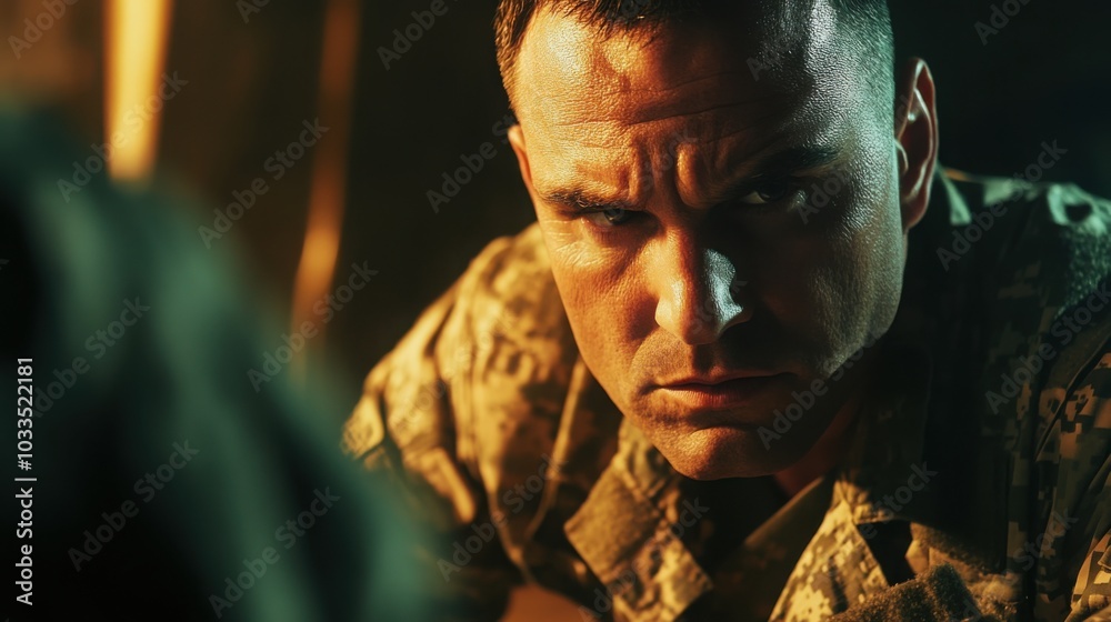 military officer in camouflage, leaning forward aggressively during an interrogation of a nervous civilian military officer in camouflage, leaning forward aggressively during an interrogation of a nervous civilian