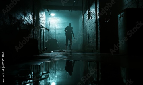 Silhouetted man with gun in dark alleyway.