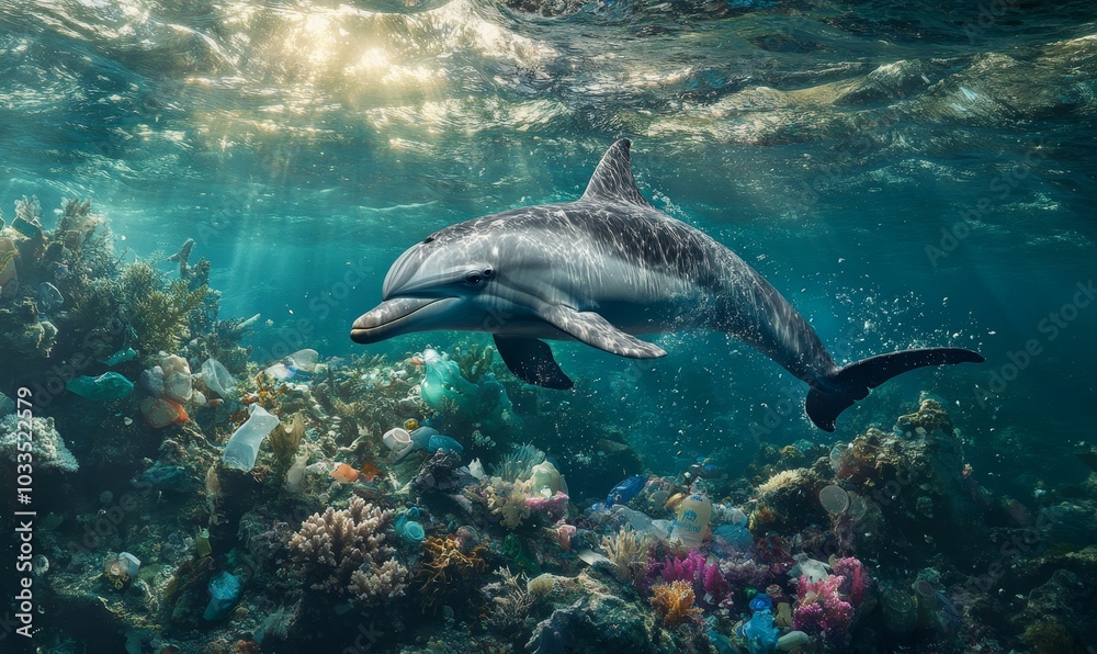 Fototapeta premium Dolphin swims through ocean littered with plastic.