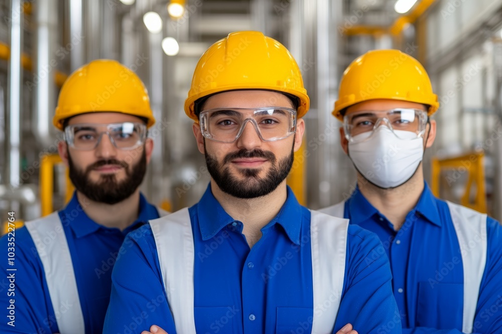 A female industrial worker wearing a yellow hard hat, safety goggles, and a face mask, standing confidently in a factory. A female industrial worker wearing a yellow hard hat, safety goggles, and a face mask, standing confidently in a factory.
