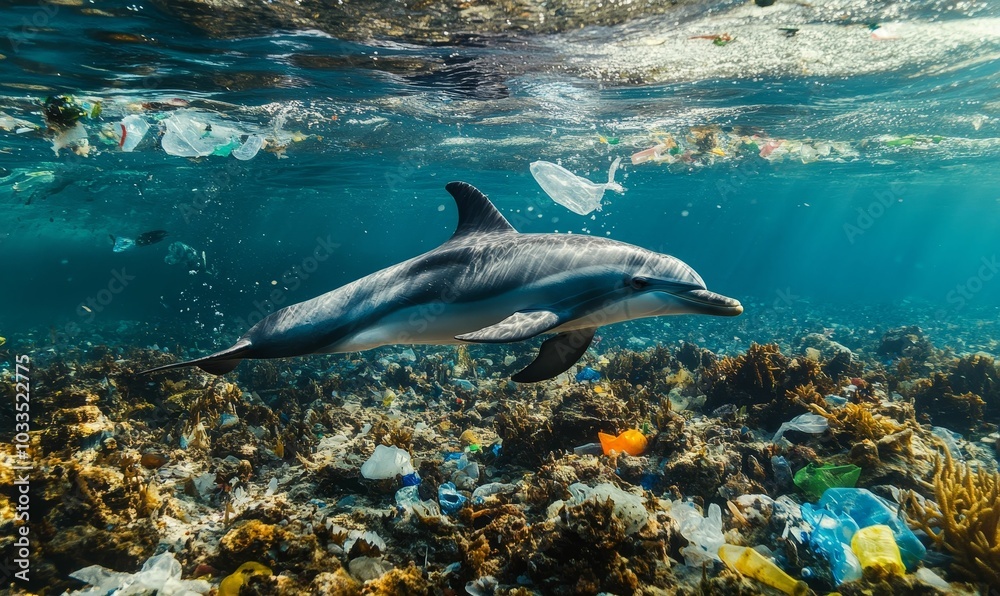 Fototapeta premium Dolphin swims amidst plastic pollution in the ocean.