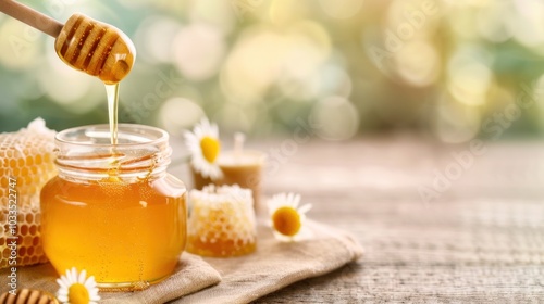 Honey Jar with Honey Drip and Flowers in Soft Light