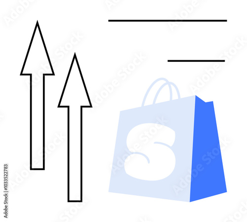 A blue shopping bag with a large S and two upward arrows. Ideal for online shopping, retail growth, e-commerce, business development, market trends. Simple modern style