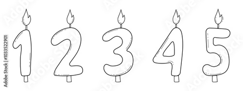 Birthday candles numbers cute outline doodle style, hand drawn. Set greeting numeral party decorations with flame. 