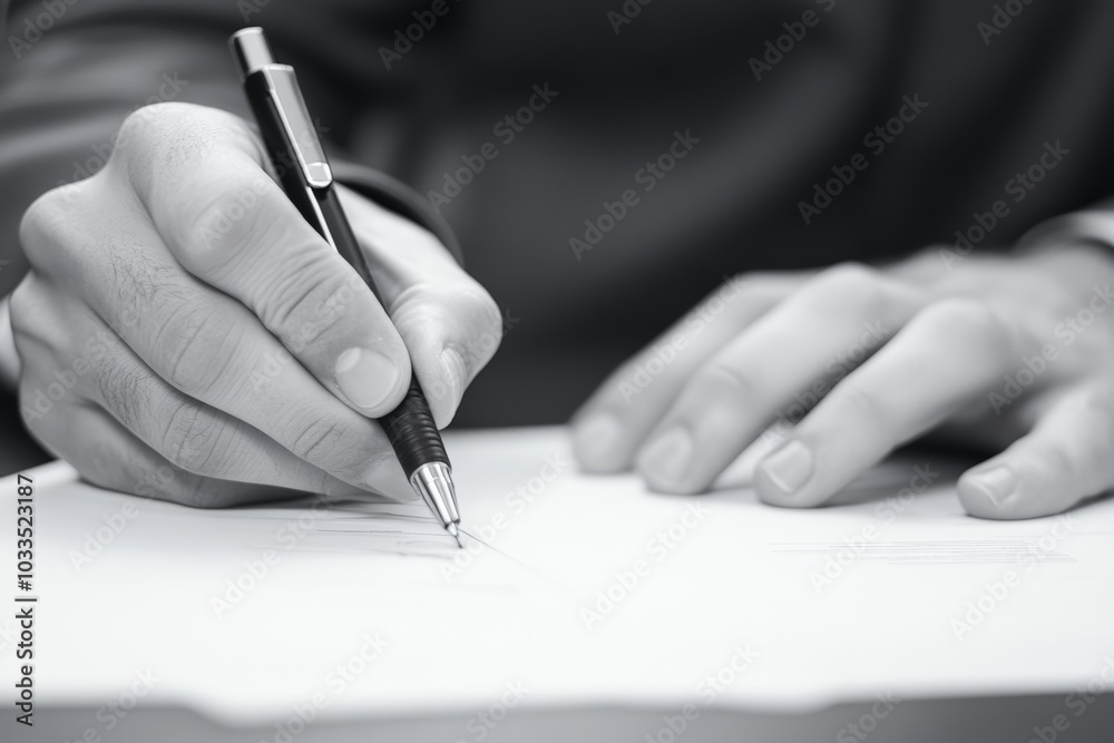 Close-up of a businessman in a blue suit writing on a legal document, with a gavel on the desk, symbolizing law, justice, and authority. Close-up of a businessman in a blue suit writing on a legal document, with a gavel on the desk, symbolizing law, justice, and authority.