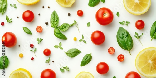 Fresh cherry tomatoes, aromatic herbs, and lemon with basil leaves, set against a white background with a floral design. Cooking concept. Top view with copyspace for your text.