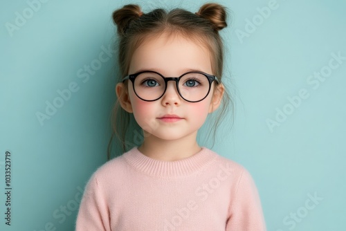 A cute young girl with glasses and two buns stands against a light blue background, wearing a pink sweater.