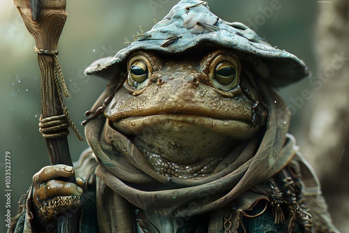 A close up of a frog wearing a hat and holding a stick