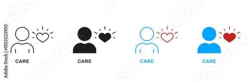 Take Care Line and Silhouette Icon Set. Love People, Friendship, Family Support Pictogram. Person with Heart Shape Symbol. Charity Sign. Editable Stroke. Isolated Vector Illustration