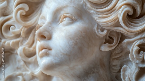 Close-up of a marble sculpture of a woman's face with flowing hair.