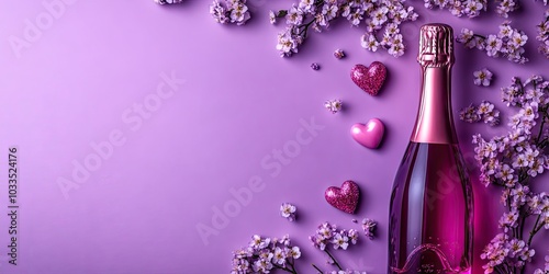 Adorable high-colored Valentine's Day background featuring a pink champagne bottle, spring blossom flowers, small heart decorations, on a violet Very Peri color flatlay with copy space.