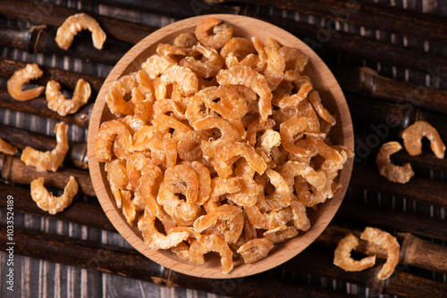 dried shrimp on wooden table. seafood ingredients.