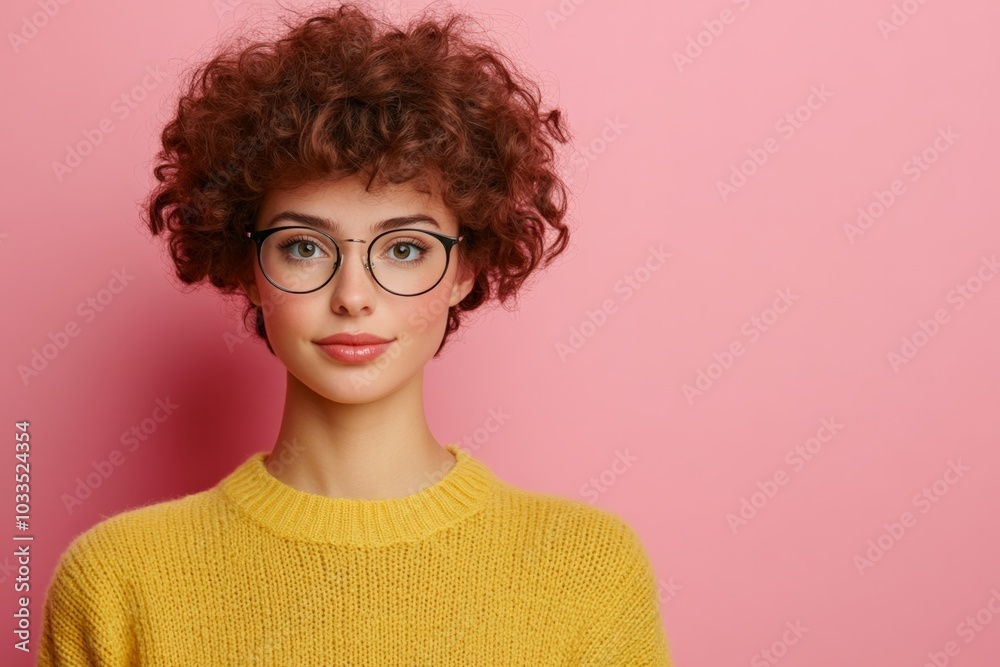 A young woman with curly hair and glasses works on a laptop against a bright pink background, exuding confidence and style. A young woman with curly hair and glasses works on a laptop against a bright pink background, exuding confidence and style.