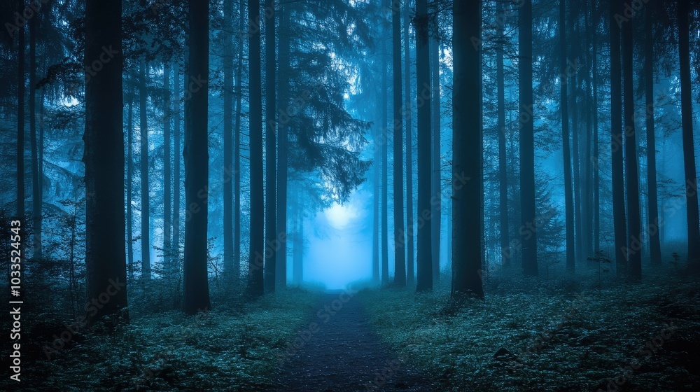 Naklejka premium A dark forest with tall trees, a foggy atmosphere, and mysterious light and shadow effects