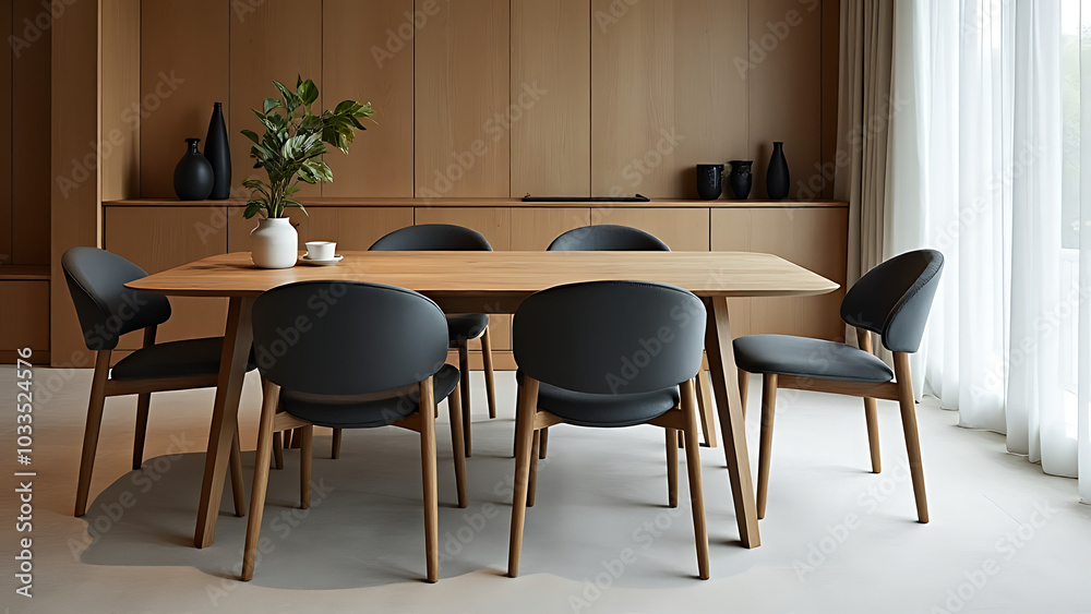 Fototapeta premium The chairs sit elegantly around a sturdy wooden dining table in this interior design of a modern dining space.
