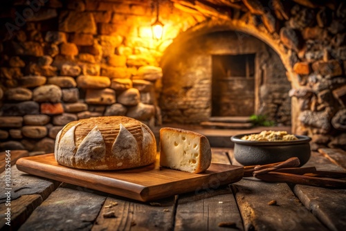 Cheese Loaf on Wooden Table with Stone Wall Background - Tilt-Shift Photography Style, Rustic Cheese Presentation, Culinary Delight, Gourmet Food, Artisan Bread, Food Photography