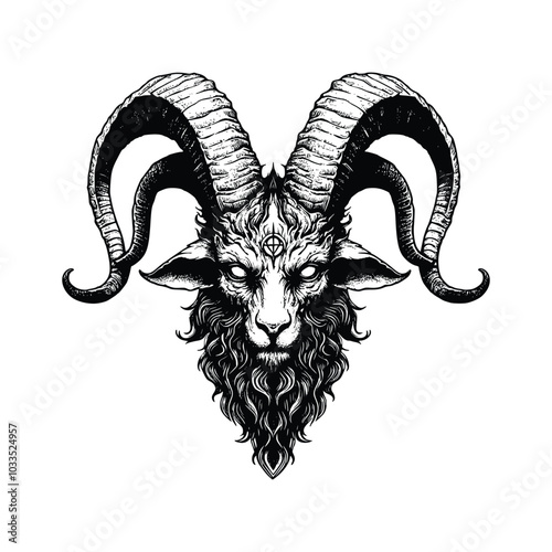 Hand drawn illustration of Baphomet, satanic goat head in black and white vector style, featuring a pentagram symbol