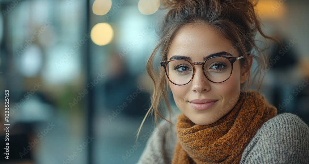 Confident woman in glasses with a warm smile sitting in a cozy cafe environment Confident woman in glasses with a warm smile sitting in a cozy cafe environment