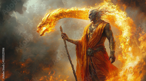 Majestic dragonborn warrior with fiery aura standing amidst flames and holding a staff photo