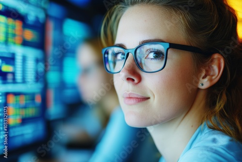 A woman wearing glasses and focusing on her laptop as she codes, with illuminated data screens in the background, representing a tech environment.