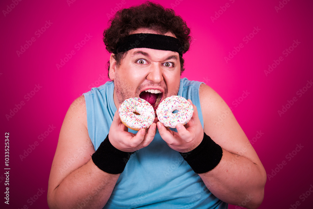 Funny fat man on a diet eats donuts. Retro style. Funny fat man on a diet eats donuts. Retro style.