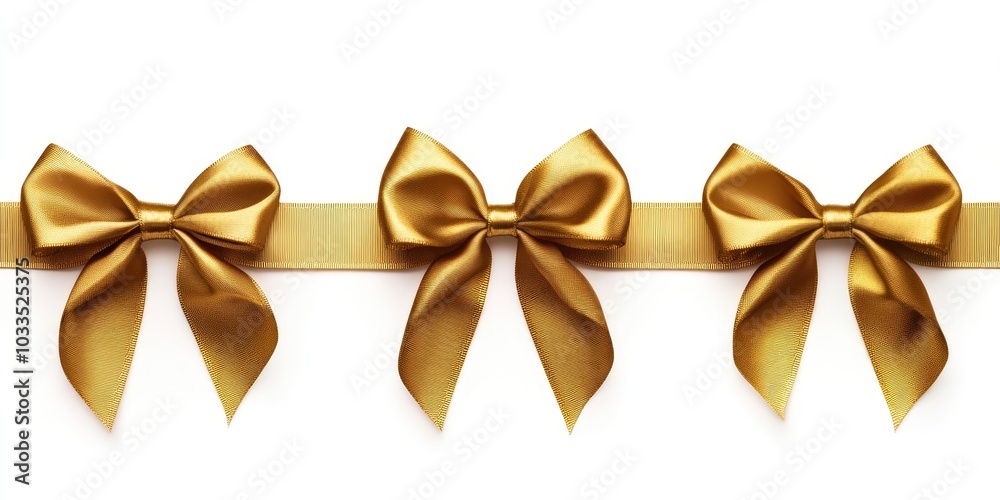 Glossy gold gift bows isolated on a white background. Blank space for text. Celebration template. Gold ribbon. Greeting card mockup. Glossy gold gift bows isolated on a white background. Blank space for text. Celebration template. Gold ribbon. Greeting card mockup.