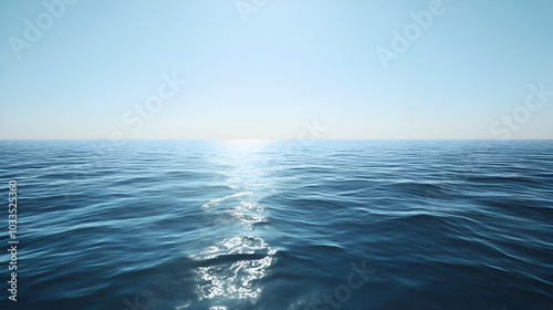 tranquil blue ocean with clear horizon and gentle waves, serene seascape for peaceful coastal themes, vast sea under bright blue sky for nature-inspired backgrounds