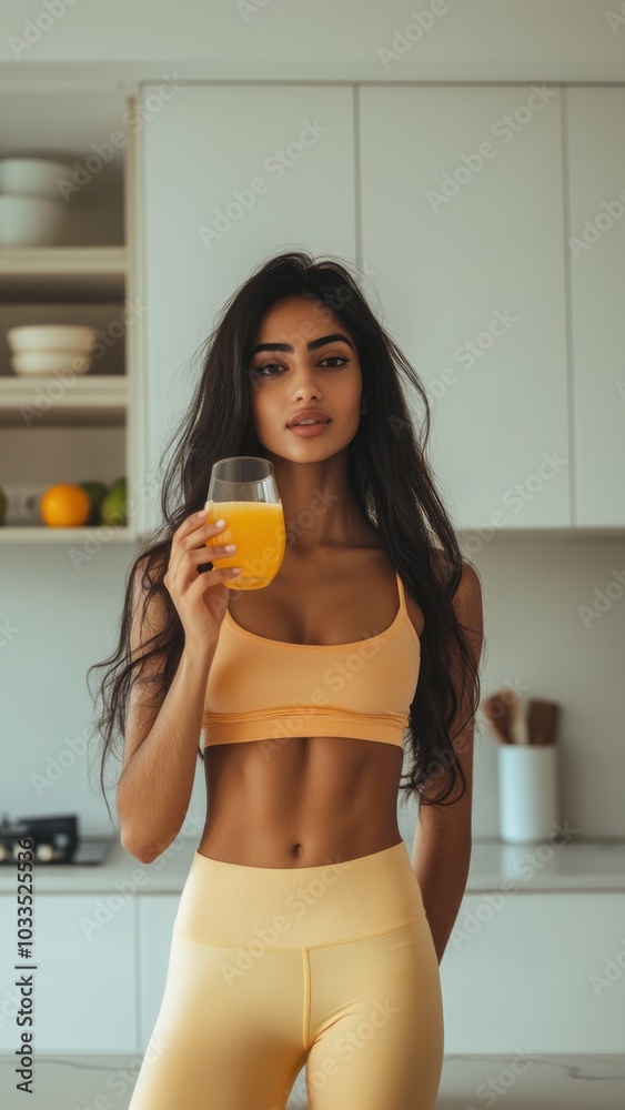 Young middle eastern woman in fitness attire enjoying healthy orange juice in modern kitchen. health, fitness, balanced diet and benefits of nutritious lifestyle Young middle eastern woman in fitness attire enjoying healthy orange juice in modern kitchen. health, fitness, balanced diet and benefits of nutritious lifestyle