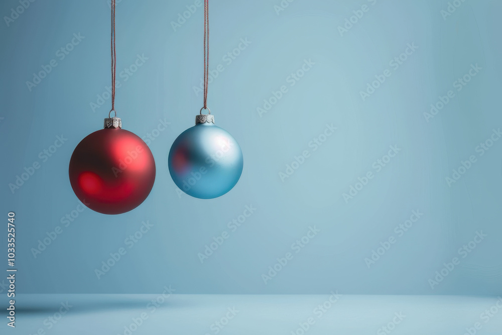 Christmas ornaments in red and blue arranged in a pattern on a light blue background, creating a festive design. Christmas ornaments in red and blue arranged in a pattern on a light blue background, creating a festive design.