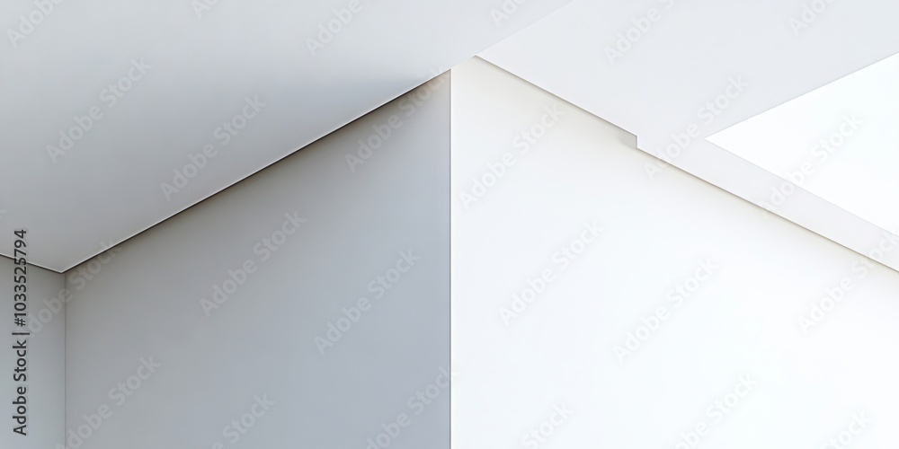 Abstract background of the room's upper corner. Photograph of a white wall corner. The angle of the white wall and ceiling creates an unconventional design backdrop. Abstract background of the room's upper corner. Photograph of a white wall corner. The angle of the white wall and ceiling creates an unconventional design backdrop.