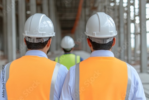 Three construction workers wearing white safety helmets and orange high visibility vests walk towards a construction site, emphasizing teamwork and safety. photo