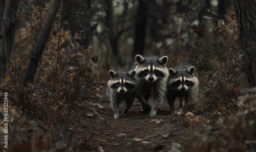 Three raccoons stand in dark woods.