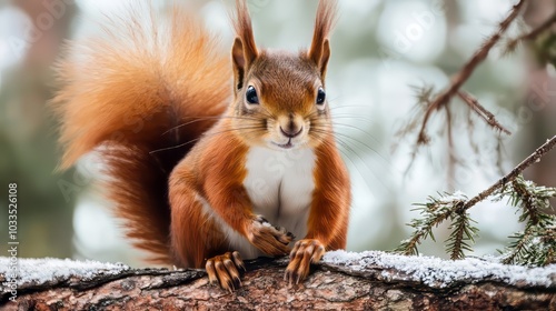 Adorable red squirrel perched on tree branch in winter forest, capturing a charming close-up as it looks directly at the camera, surrounded by snow-covered trees and a peaceful cold woodland atmospher