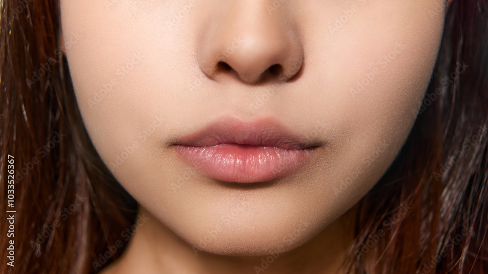 Cropped image of female face, nose and lips. Lip hydration products. Concept of natural beauty, skincare, cosmetics and cosmetology Cropped image of female face, nose and lips. Lip hydration products. Concept of natural beauty, skincare, cosmetics and cosmetology