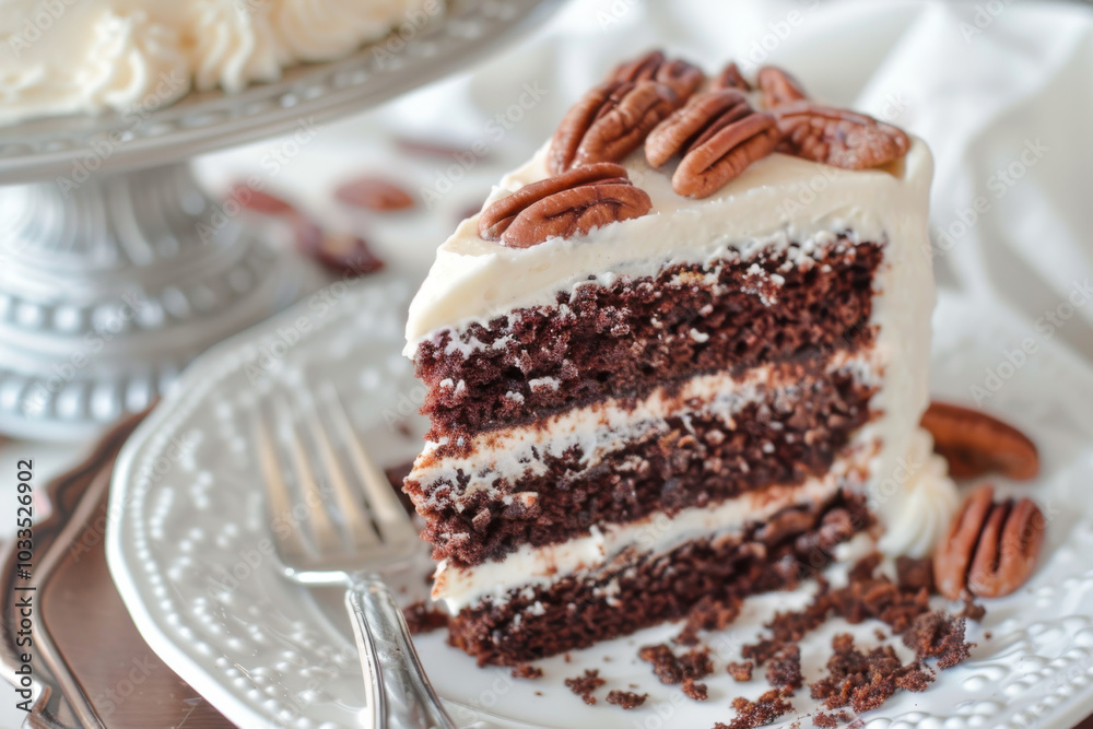 A rich chocolate cake slice topped with cream cheese frosting, pecans, and chocolate shavings, served on a plate. A rich chocolate cake slice topped with cream cheese frosting, pecans, and chocolate shavings, served on a plate.